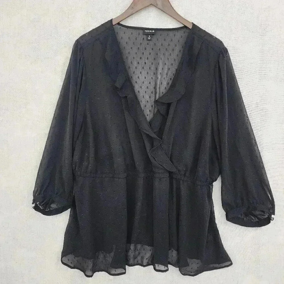 Torrid Chiffon Sheer Wrap Blouse 3X Black Textured  1731P - Picture 1 of 8